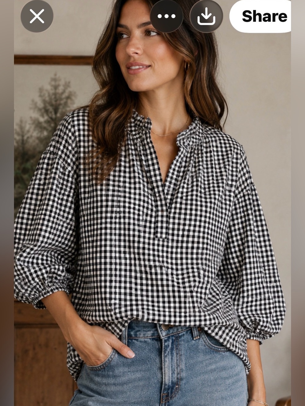 a new day Black & White Gingham Ruffled Collar Pullover Blouse